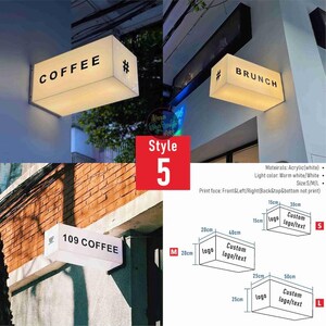 May include: Illuminated rectangular signs for businesses, featuring the words "COFFEE", "BRUNCH", and "109 COFFEE" in black lettering. The signs are white and have a warm white light. The image also shows size options: S, M, and L.