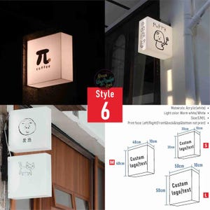 May include: White, illuminated, square-shaped signs with custom text or logos. One sign displays a pi symbol and the word "coffee." Another features a cartoon puppy with the word "Puppy." Available in sizes S, M, and L.