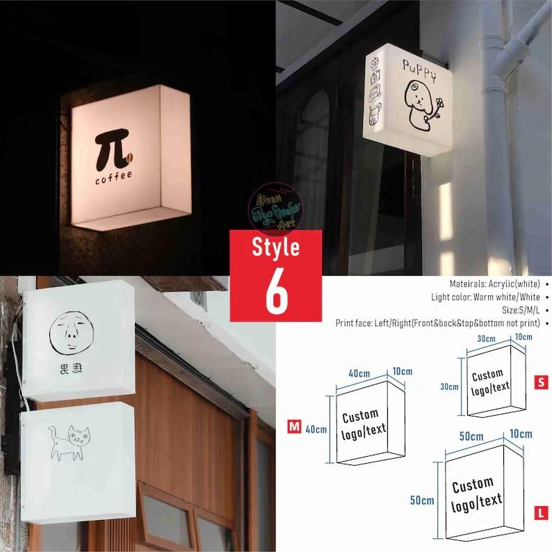 May include: White, illuminated, square-shaped signs with custom text or logos. One sign displays a pi symbol and the word "coffee." Another features a cartoon puppy with the word "Puppy." Available in sizes S, M, and L.
