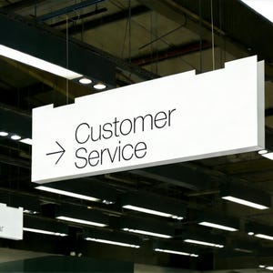 May include: A white rectangular sign suspended from the ceiling, with the words "Customer Service" in black lettering and an arrow pointing left. The sign is in a commercial setting with overhead lighting.