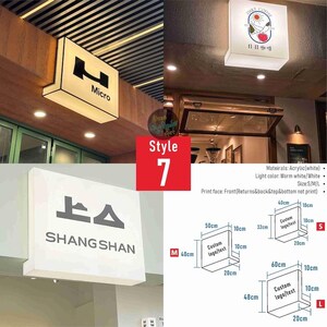May include: White, illuminated rectangular signs with custom logos and text. The signs are shown in various sizes, including S, M, and L, and are designed for commercial use. The signs are made of acrylic and emit a warm white light.