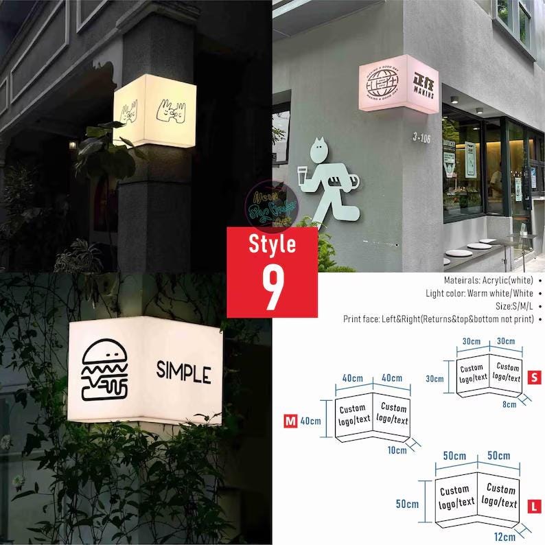 May include: Square, illuminated signs with custom logos and text. The signs are white and come in various sizes, including S, M, and L. One sign features a burger graphic and the word "SIMPLE."