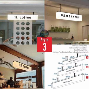 May include: Rectangular, illuminated signs for businesses, with the text "&pi; coffee", "P&M BAKERY", and "空巢 COFFEE". The signs are white with black text and hang from the ceiling. Dimensions are 100cm, 120cm, and 150cm long.