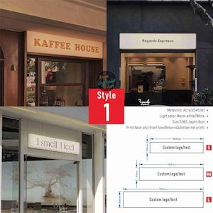 May include: Image of three storefront signs with text: "KAFFEE HOUSE", "Regards Espresso", and "I smell I feel". The signs are rectangular and white, with custom logo/text options. The image also shows size dimensions in millimeters.