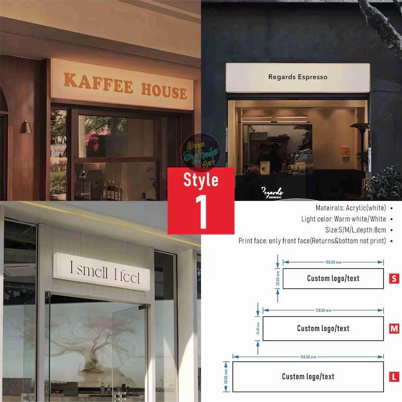 May include: Image of three storefront signs with text: "KAFFEE HOUSE", "Regards Espresso", and "I smell I feel". The signs are rectangular and white, with custom logo/text options. The image also shows size dimensions in millimeters.