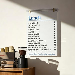 May include: A white menu board with the word "Lunch" in blue, listing coffee and food items with prices. A coffee grinder and espresso machine sit on a wooden counter below the menu. The text "7am to 11am - Ask for today's specials" is at the bottom.