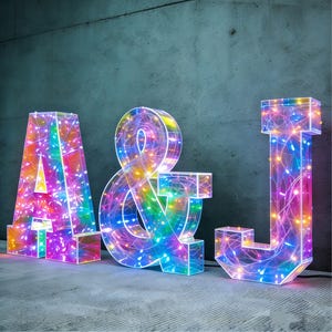 Puede incluir: Tres letras de marquesina iluminadas, A, &, y J, con un arcoíris de colores. Las letras son transparentes con luces de cadena internas. Las letras están sobre una superficie gris contra una pared gris.