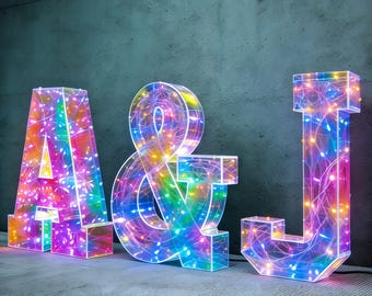 Set di lettere luminose iridescenti personalizzabili – Per comporre nomi o frasi / A–Z + simboli / Insegna luminosa da 90 cm / 120 cm / Decorazione per matrimoni, feste e negozi