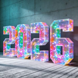 May include: Large, illuminated 2026 numerals with a clear, faceted design. Each number is filled with colorful LED lights, creating a vibrant, rainbow effect. The numbers are positioned on a textured, light-colored surface against a concrete wall.