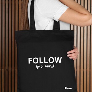 Baumwolltasche/ Schwarzer Leinenbeutel, 340 g/ FOLLOW/ Stofftasche/ Jutebeutel mit Henkeln als Geschenk/ zum Einkaufen mit witzigem Spruch.