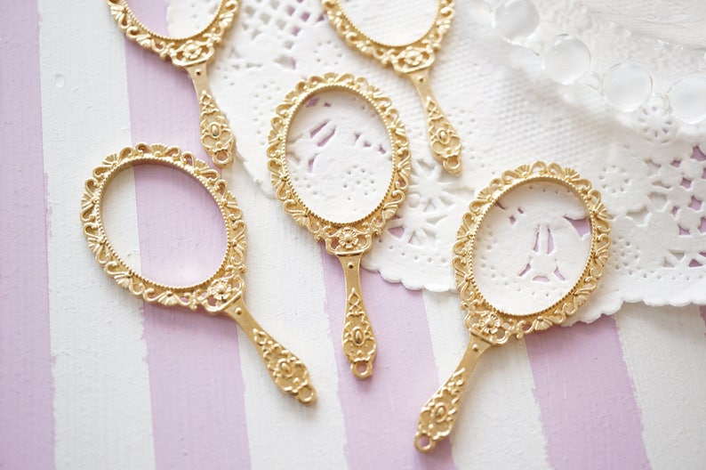 Price Down 4 pcs Open Bezel Charm lacy handy Mirror 25mm54mm AZ364