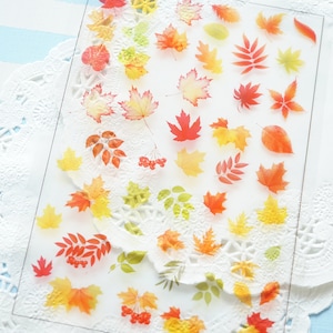 May include: A sheet of clear adhesive paper with colorful fall leaves printed on it. The leaves are in shades of red, orange, yellow, and green. There are also some small red berries printed on the sheet.