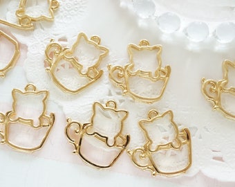 SALE//2-5 pcs Open Bezel Charm  / Kitty Cat in Mug Cup (23mm24mm) AZ256