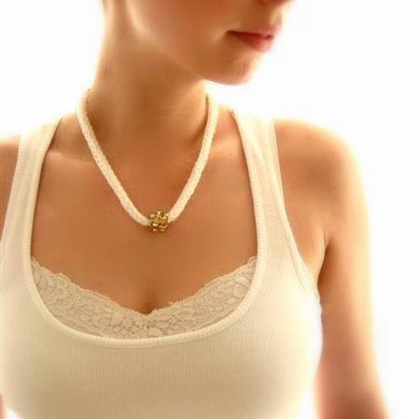 Ivory Hand Knitted  Necklace in Natural shades  with Champagne Beadwork Hollow Ball Pendant