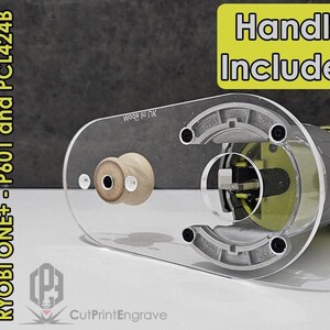May include: A clear plastic extended router base plate for Ryobi ONE+ P601 and PCL424B routers. The plate has a handle and two holes for mounting. The text "Handle Included" is visible in the image.