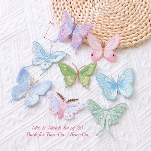 Puede incluir: Un conjunto de siete parches bordados de mariposas en varios colores, incluyendo azul claro, rosa, verde y lavanda. Los parches presentan detalles de hilo intrincados y una envergadura de 5,08 cm. Texto: Mix & Match Set of 20 Back for Iron-On / Sew-On.