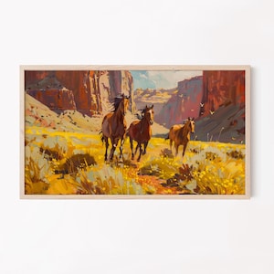 Wild Horses in Desert Canyon | Samsung Frame TV Art | Southwestern Landscape Digital Download | Rustic Western Wall Decor