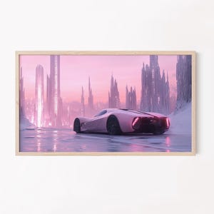 Futuristic Cyberpunk Car Wall Art | Pink Sci-Fi Cityscape Digital Download | Samsung Frame TV Art