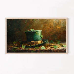 Zielony cylinder w stylu vintage ze złotą klamrą | Samsung Frame TV Art | Dzień Świętego Patryka do pobrania w wersji cyfrowej | Klasyczny irlandzki wystrój ścienny