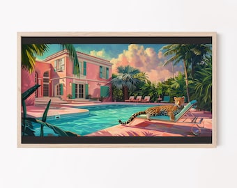 Leopardo en la piscina: Arte retro para TV Samsung con marco de Miami (descarga digital)