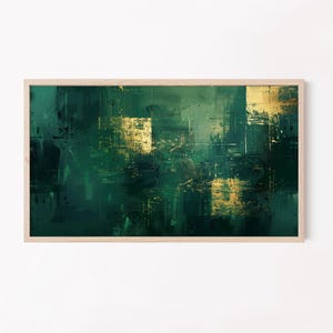 Könnte beinhalten: Abstraktes Gemälde in Grün- und Goldtönen. Das Gemälde ist in einem hellen Holzrahmen gerahmt.