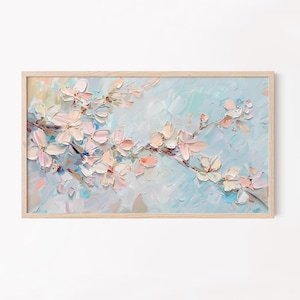 桜の壁アート | パステル インパスト フラワー プリント | 春のデジタル ダウンロード | テクスチャ ペインティング アート | フレーム TV アート