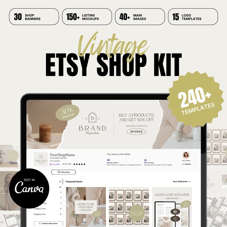 Vintage Etsy Shop Kit 240+ Canva Templates (instant Download) Etsy