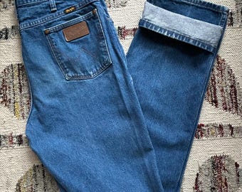 Vintage 80s 90s Wrangler Jeans 936PWD Cowboy Cut Blue Denim Jeans, Made in USA, Western Wear 35x36