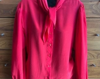 Vintage Red Silk Blouse Angela Tong 80s 90s Tie Neck Bow Top, Voluminous Sleeve Button Up, Size 6 Small to Medium, Elegant Silk Shirt