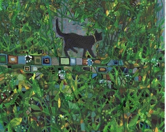 May include: A black cat walks on a mosaic path through a lush green garden. The cat is in silhouette against a light blue sky. The text "Learning to be safe" is visible in the lower right corner of the image.