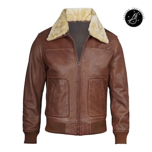 Men&#39;s Brown Sheepskin Leather Bomber Jacket: Faux Fur Collar, Classic Style