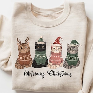 Meowy Christmas Sweatshirt, Cute Holiday Cat Shirt, Funny Christmas Cat Shirt, Cats in Sweaters Christmas Shirt, Cat Lover Holiday Shirt