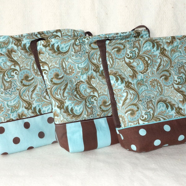 Insulated Lunch Bag in Aqua and Brown scrolls
