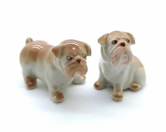 Set of 2 Bulldog Dog Ceramic Figurine Animal Miniature Statue