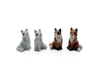 Set of 2 Tiny Fox Ceramic Animal Figurine Miniature Statue, Good for Dollhouse Decor, Wild Life Theme, Animal Lovers