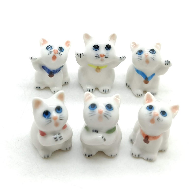 6 Lucky Cat Kitten Figurine Ceramic Animal Tiny Statue Etsy