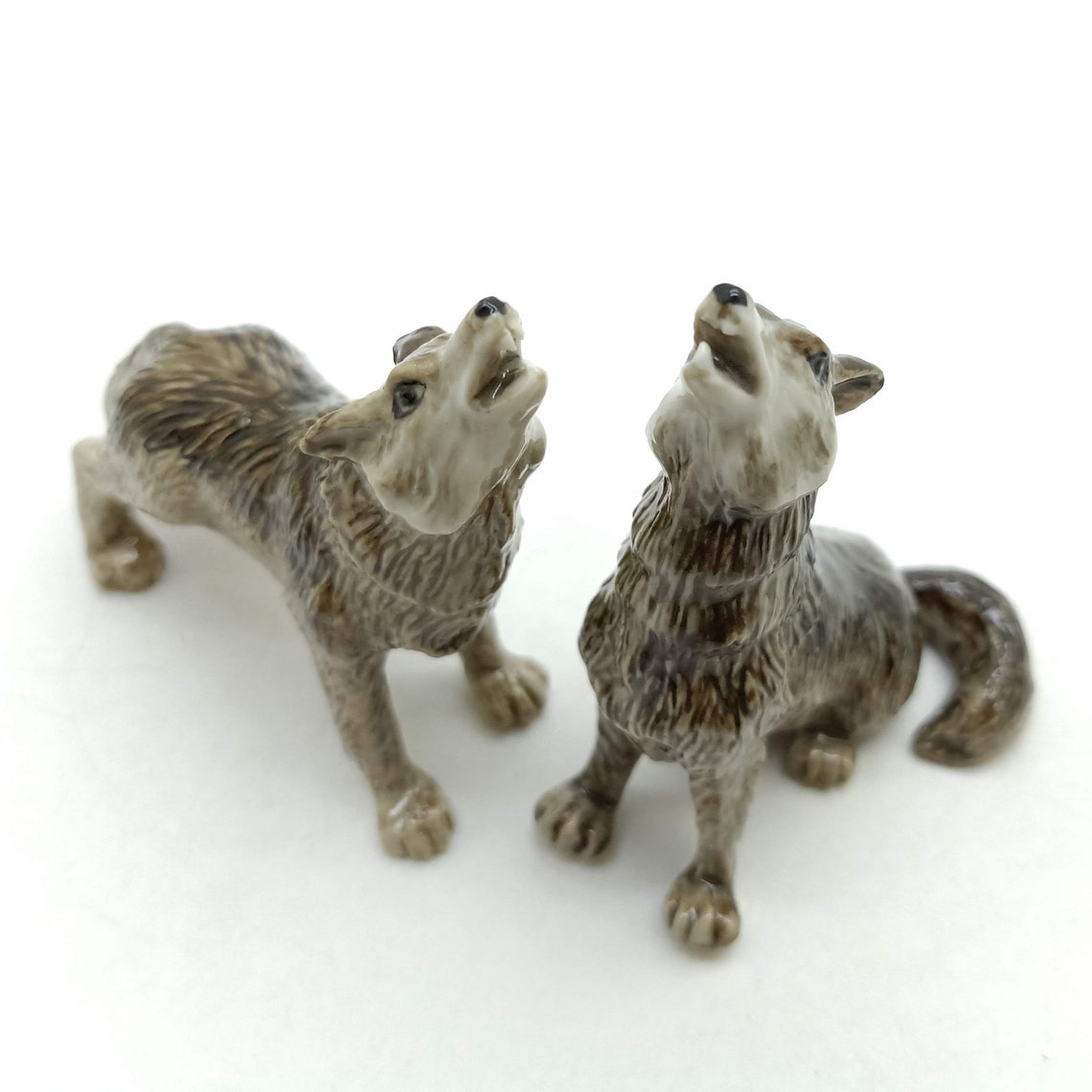 2 Wolf Wolves Ceramic Figurine Animal Statue Etsy