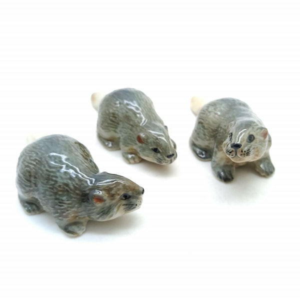 Set of 3 Beaver Ceramic Figurine Animal Statue