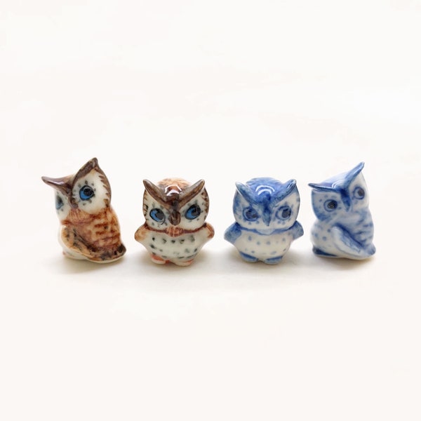 Set of 2 Tiny Owl Birds Ceramic Figurine Animal Dollhouse Miniature Statue, Decoration