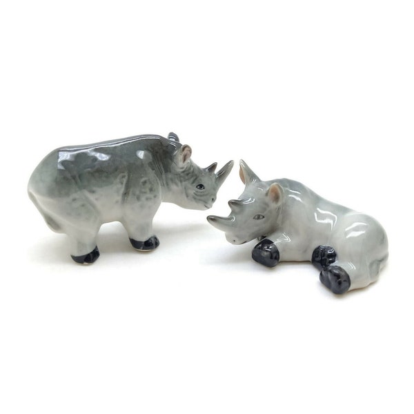 Set of 2 Rhinoceros Rhino Figurine Ceramic Animal Miniature Statue