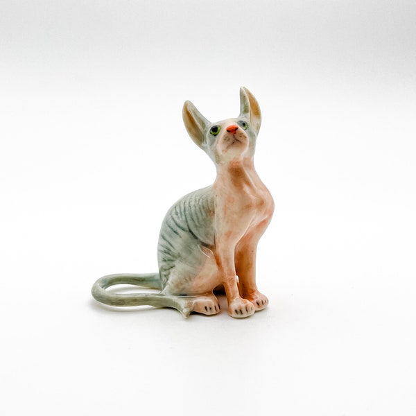 Hairless Muscular Grey Sphynx Cat with Broad Ears, a Wide-Eyed Figurine Ceramic Miniature Statue, Egyptian-inspired Decor, Cat Lover Gift