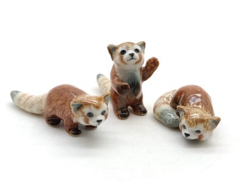 Set of 3 Red panda Bear Ailurus Fulgen Ceramic Figurine Statue