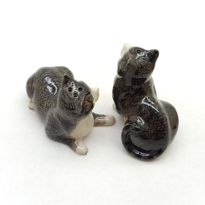2 Cat Ceramic Figurine Salt Pepper Shaker with Tray Statue