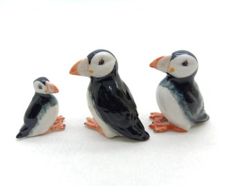 Set of 3 Puffin Seabirds Ceramic Figurine Animal Statue