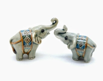 Set of 2 Green Elephant Figurine Ceramic Animal Miniature Statue