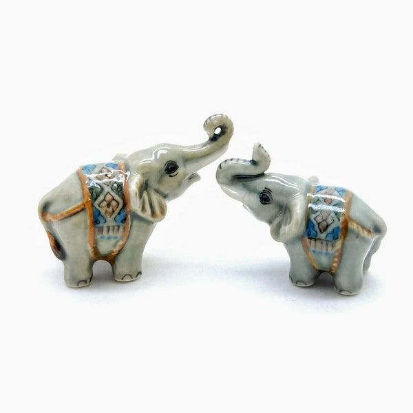 Set of 2 Green Elephant Figurine Ceramic Animal Miniature Statue