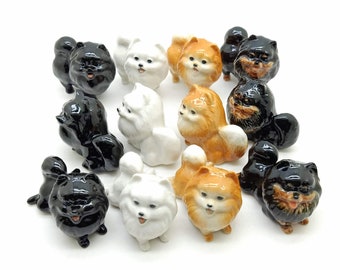 3 Pomeranian Ceramic Figurines Animal Miniature Statues, Gift for Pom Dog Lovers, Home Decoration