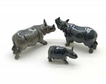 Hand-Painted Ceramic Rhino Rhinoceroses Family Figurines - Set of 3 - Perfect for Wild Animal Lovers, Collectors, and Home Decor