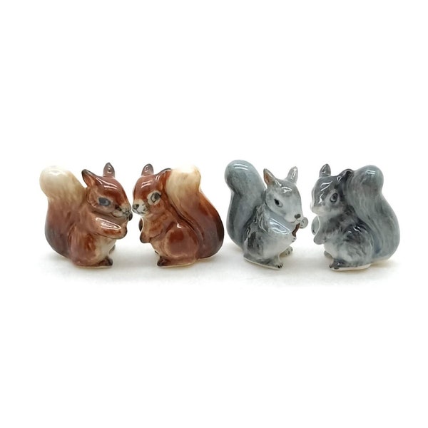 Set of 2 Tiny Squirrel Ceramic Figurine Animal Animal Statue