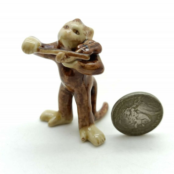 FG011 2 Brown Pianist Violinist Monkey Ceramic Figurine Musician Animal Statue 
